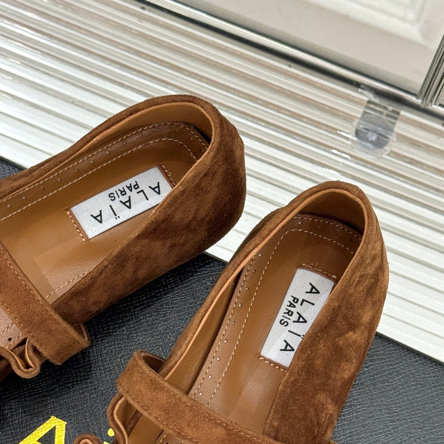 ALAIA 26S MARY JANE FLATS IN BROWN SUEDE WITH BOW