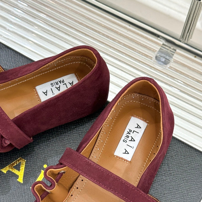 ALAIA 26S MARY JANE FLATS IN DARK RED SUEDE WITH BOW