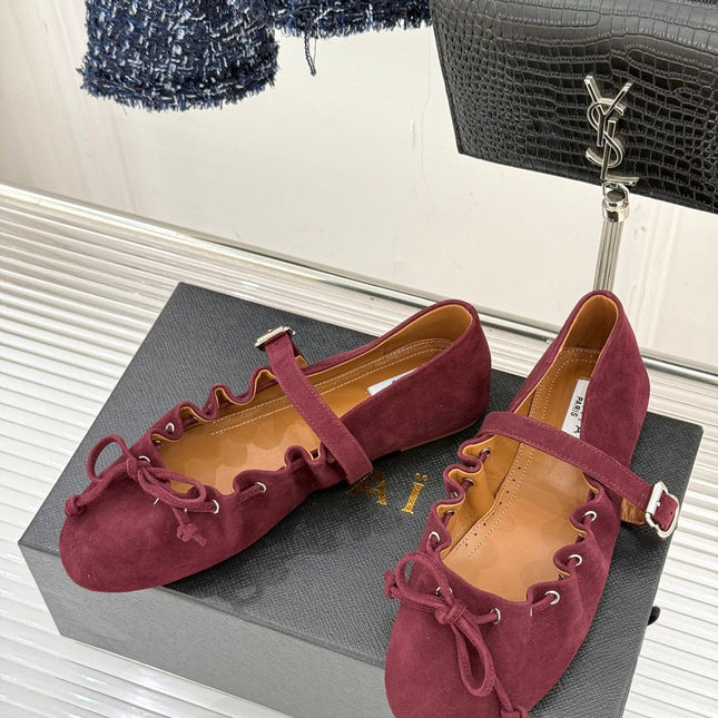 ALAIA 26S MARY JANE FLATS IN DARK RED SUEDE WITH BOW