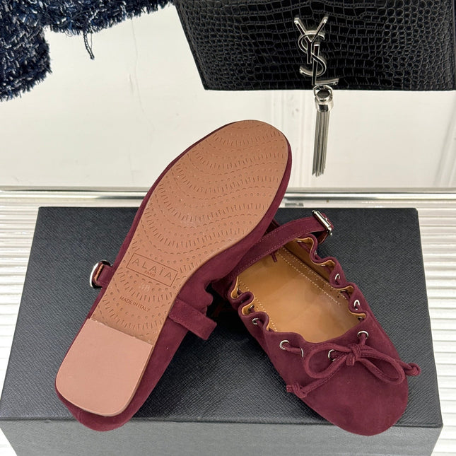 ALAIA 26S MARY JANE FLATS IN DARK RED SUEDE WITH BOW