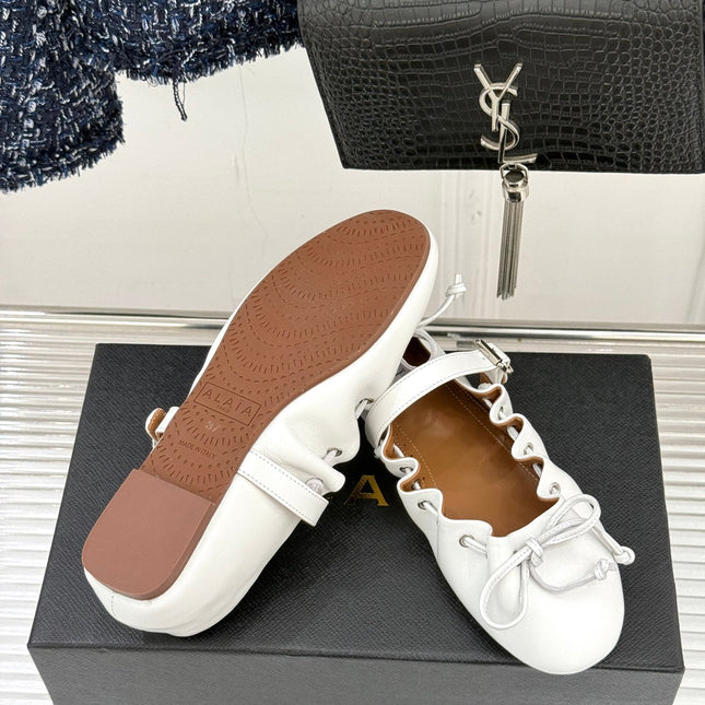ALAIA 26S MARY JANE FLATS IN WHITE LAMBSKIN WITH BOW