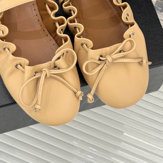 ALAIA 26S MARY JANE FLATS IN LIGHT YELLOW BEIGE LAMBSKIN WITH BOW