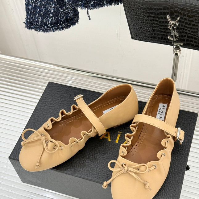 ALAIA 26S MARY JANE FLATS IN LIGHT YELLOW BEIGE LAMBSKIN WITH BOW