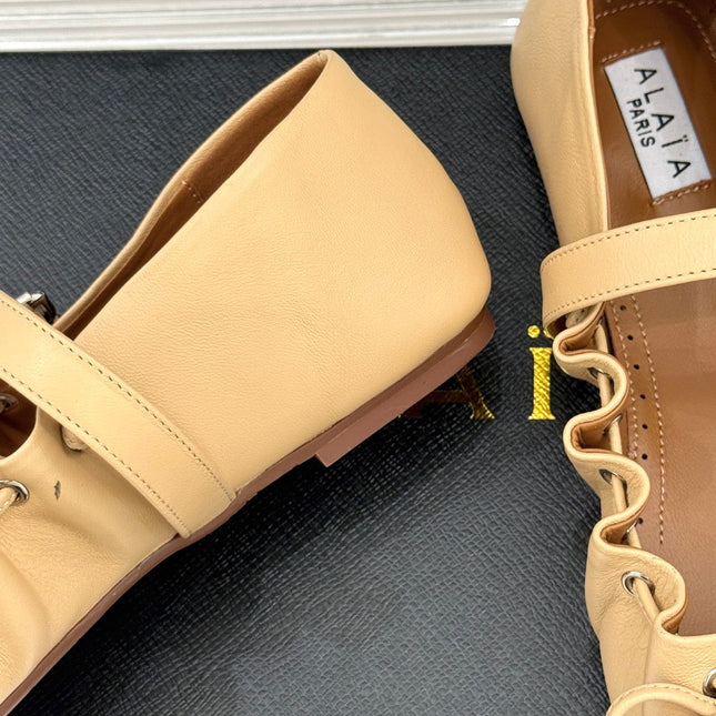 ALAIA 26S MARY JANE FLATS IN LIGHT YELLOW BEIGE LAMBSKIN WITH BOW