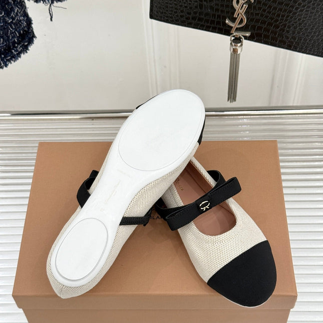 GIANVITO ROSSI 26S MARY JANE FLATS IN BLACK AND WHITE FABRIC