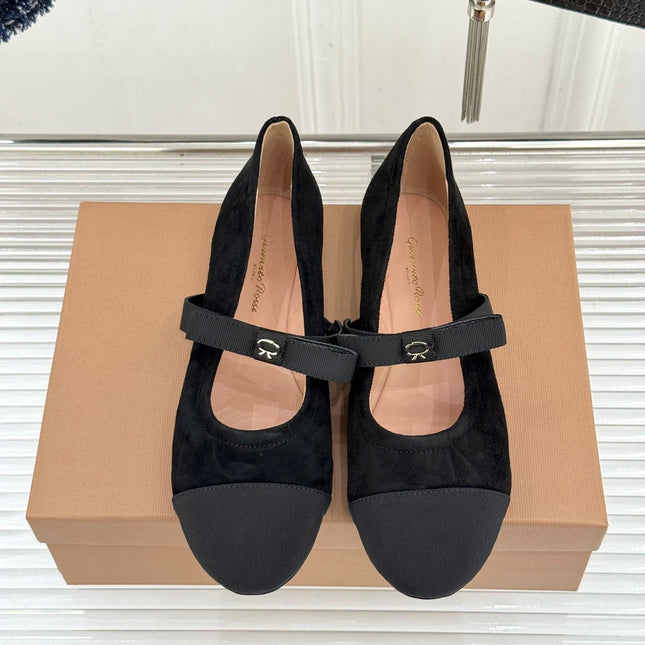GIANVITO ROSSI 26S MARY JANE FLATS IN BLACK SUEDE AND FABRIC