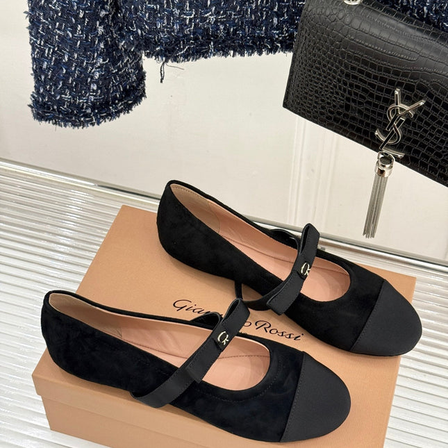 GIANVITO ROSSI 26S MARY JANE FLATS IN BLACK SUEDE AND FABRIC