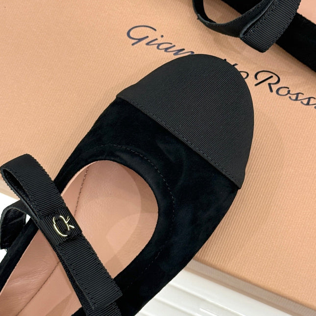 GIANVITO ROSSI 26S MARY JANE FLATS IN BLACK SUEDE AND FABRIC