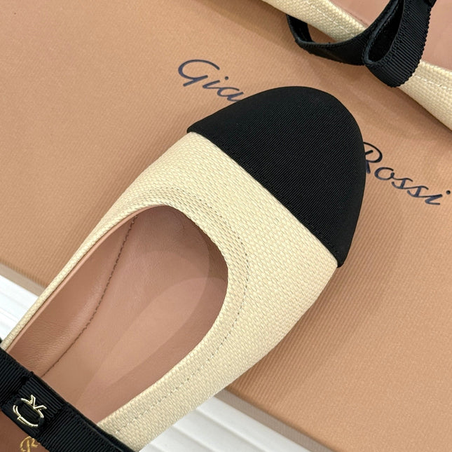 GIANVITO ROSSI 26S MARY JANE FLATS IN BLACK AND CREAM WHITE FABRIC