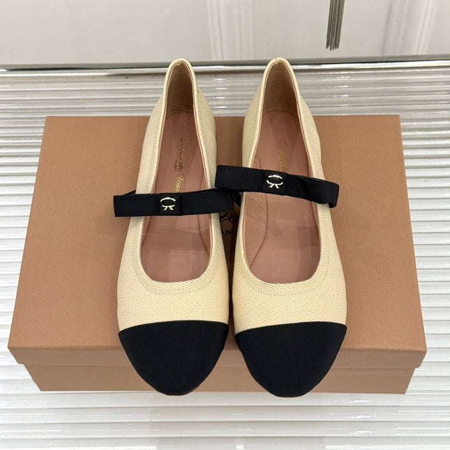 GIANVITO ROSSI 26S MARY JANE FLATS IN BLACK AND CREAM WHITE FABRIC
