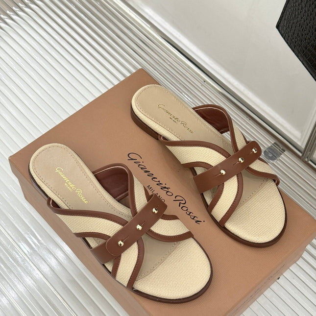 GIANVITO ROSSI 26S STUDDED FLAT SANDALS IN BEIGE CANVAS AND BROWN CALFSKIN