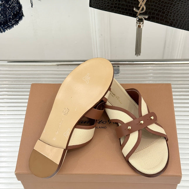 GIANVITO ROSSI 26S STUDDED FLAT SANDALS IN BEIGE CANVAS AND BROWN CALFSKIN