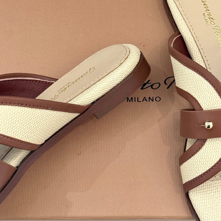 GIANVITO ROSSI 26S STUDDED FLAT SANDALS IN BEIGE CANVAS AND BROWN CALFSKIN