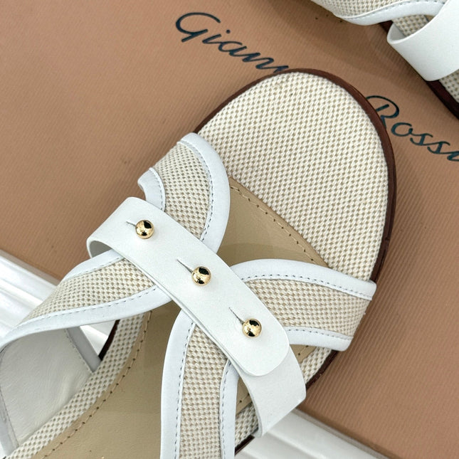 GIANVITO ROSSI 26S STUDDED FLAT SANDALS IN BEIGE CANVAS AND WHITE CALFSKIN