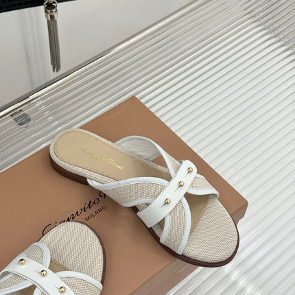 GIANVITO ROSSI 26S STUDDED FLAT SANDALS IN BEIGE CANVAS AND WHITE CALFSKIN
