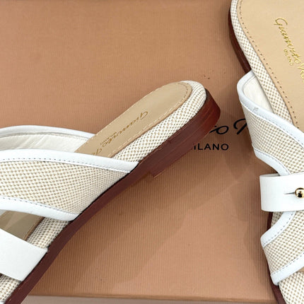 GIANVITO ROSSI 26S STUDDED FLAT SANDALS IN BEIGE CANVAS AND WHITE CALFSKIN