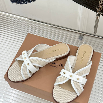 GIANVITO ROSSI 26S STUDDED FLAT SANDALS IN BEIGE CANVAS AND WHITE CALFSKIN