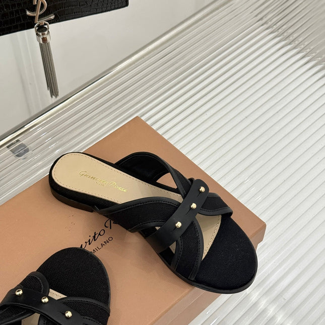 GIANVITO ROSSI 26S STUDDED FLAT SANDALS IN BLACK CANVAS AND CALFSKIN