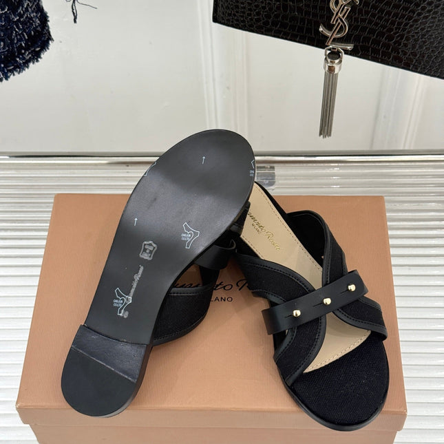 GIANVITO ROSSI 26S STUDDED FLAT SANDALS IN BLACK CANVAS AND CALFSKIN