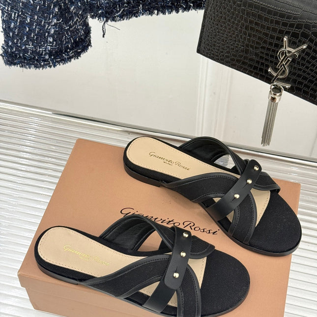 GIANVITO ROSSI 26S STUDDED FLAT SANDALS IN BLACK CANVAS AND CALFSKIN