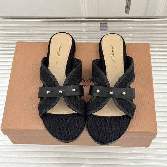 GIANVITO ROSSI 26S STUDDED FLAT SANDALS IN BLACK CANVAS AND CALFSKIN