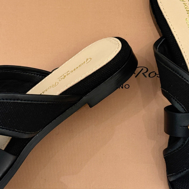 GIANVITO ROSSI 26S STUDDED FLAT SANDALS IN BLACK CANVAS AND CALFSKIN