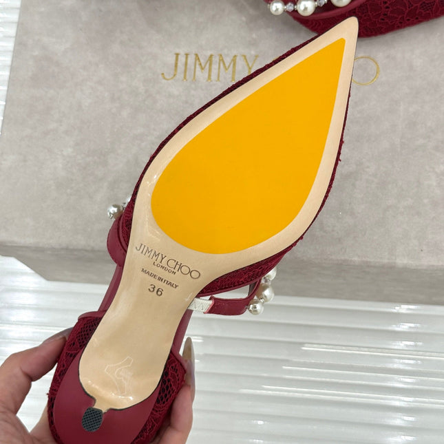 JIMMY CHOO 26S HIGH HEELS 65 MM IN DARK RED LACE PEARL-EMBELLISHED