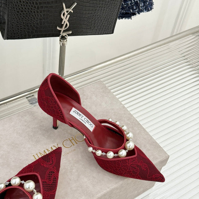 JIMMY CHOO 26S HIGH HEELS 65 MM IN DARK RED LACE PEARL-EMBELLISHED