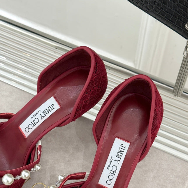 JIMMY CHOO 26S HIGH HEELS 65 MM IN DARK RED LACE PEARL-EMBELLISHED