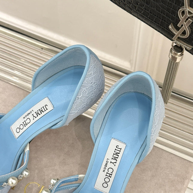 JIMMY CHOO 26S HIGH HEELS 65 MM IN SKY BLUE LACE PEARL-EMBELLISHED