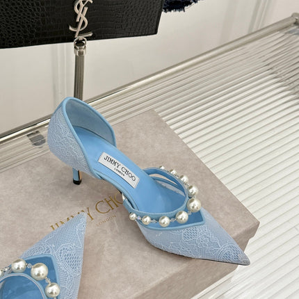 JIMMY CHOO 26S HIGH HEELS 65 MM IN SKY BLUE LACE PEARL-EMBELLISHED