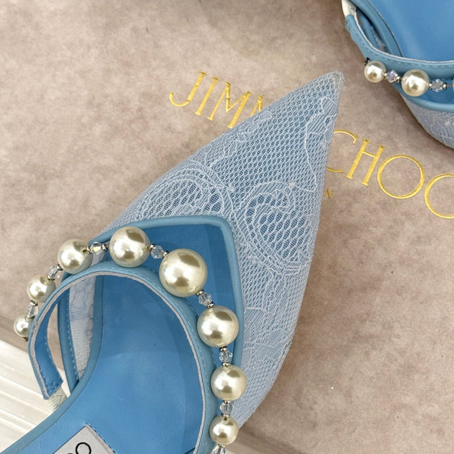JIMMY CHOO 26S HIGH HEELS 65 MM IN SKY BLUE LACE PEARL-EMBELLISHED