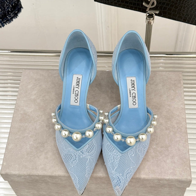 JIMMY CHOO 26S HIGH HEELS 65 MM IN SKY BLUE LACE PEARL-EMBELLISHED
