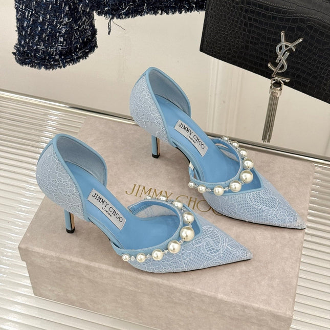 JIMMY CHOO 26S HIGH HEELS 85 MM IN SKY BLUE LACE PEARL-EMBELLISHED