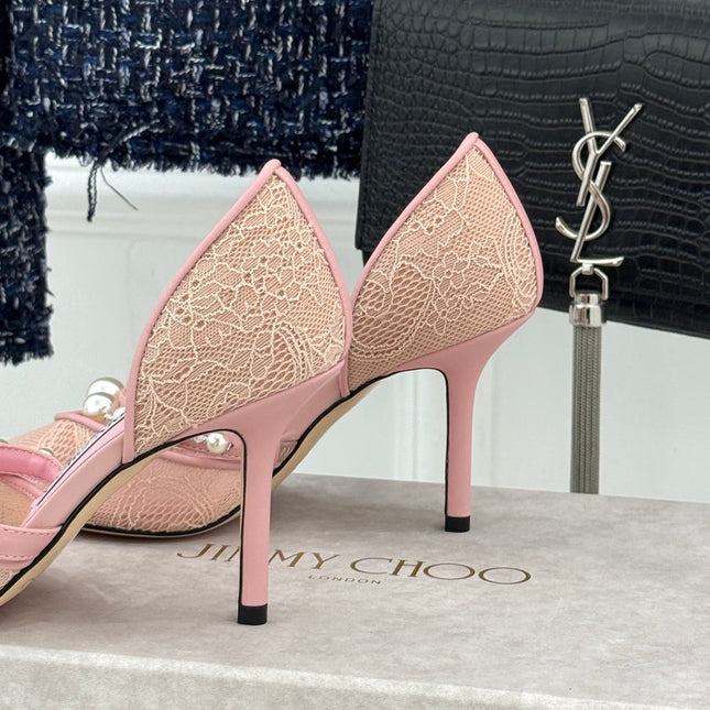 JIMMY CHOO 26S HIGH HEELS 85 MM IN LIGHT PINK LACE PEARL-EMBELLISHED