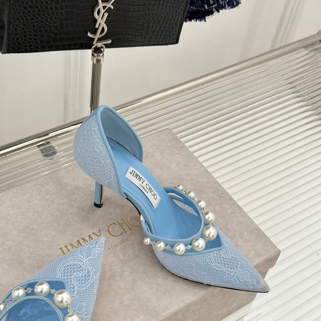 JIMMY CHOO 26S HIGH HEELS 85 MM IN SKY BLUE LACE PEARL-EMBELLISHED
