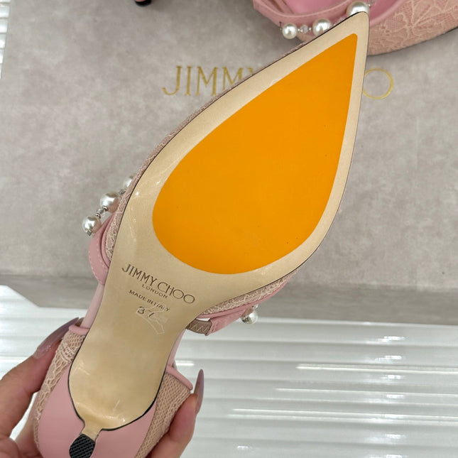 JIMMY CHOO 26S HIGH HEELS 85 MM IN LIGHT PINK LACE PEARL-EMBELLISHED