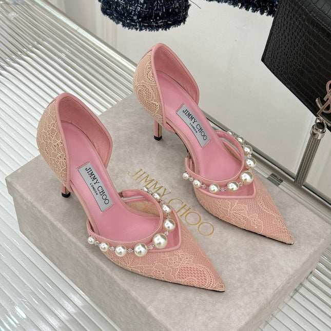 JIMMY CHOO 26S HIGH HEELS 65 MM IN LIGHT PINK LACE PEARL-EMBELLISHED
