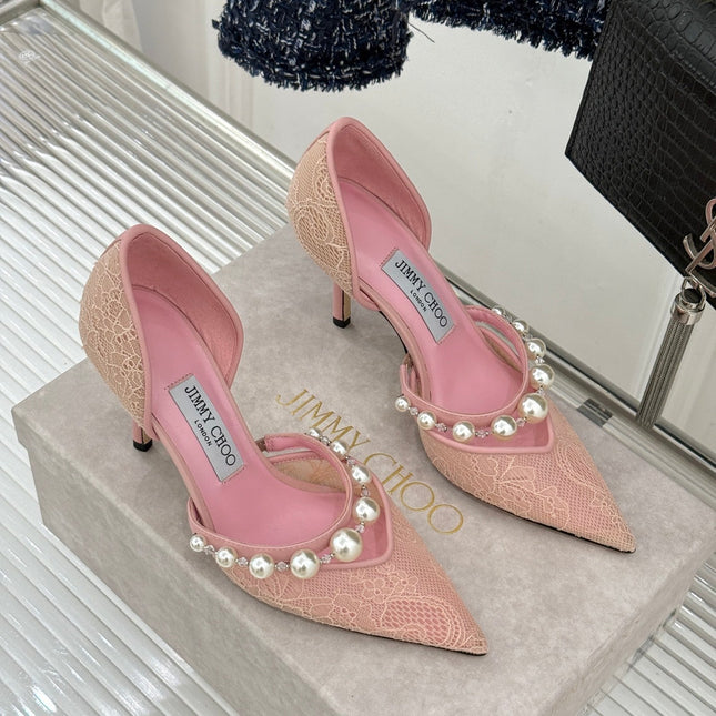 JIMMY CHOO 26S HIGH HEELS 85 MM IN LIGHT PINK LACE PEARL-EMBELLISHED
