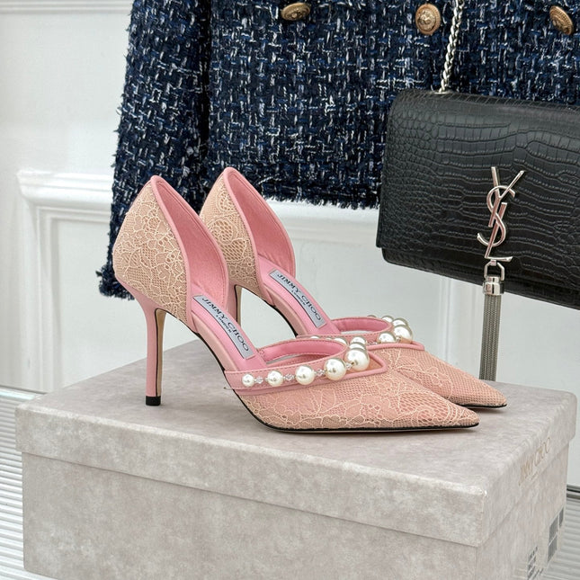 JIMMY CHOO 26S HIGH HEELS 65 MM IN LIGHT PINK LACE PEARL-EMBELLISHED
