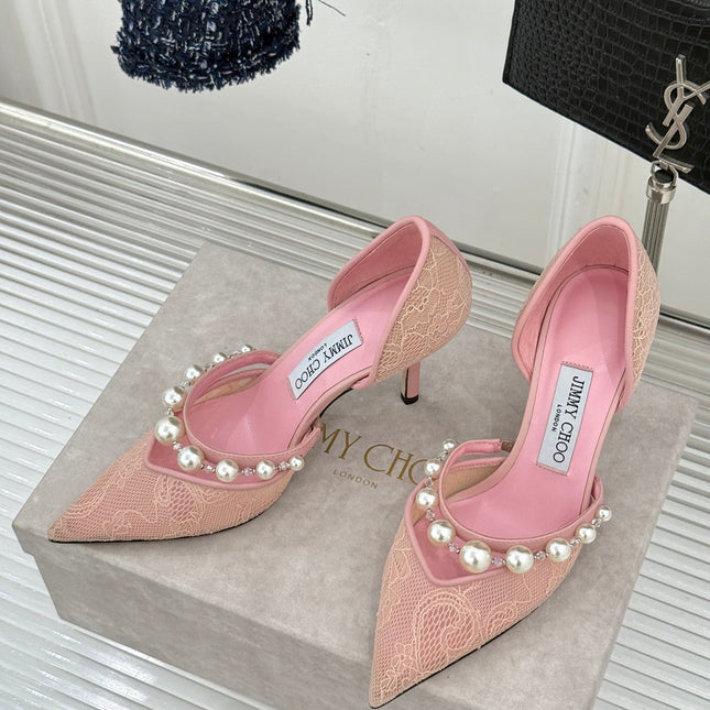 JIMMY CHOO 26S HIGH HEELS 65 MM IN LIGHT PINK LACE PEARL-EMBELLISHED