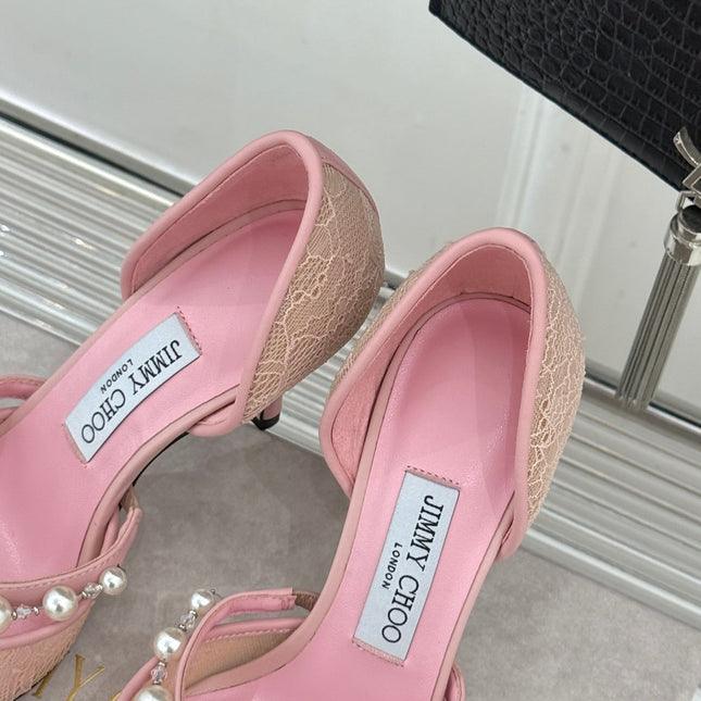 JIMMY CHOO 26S HIGH HEELS 85 MM IN LIGHT PINK LACE PEARL-EMBELLISHED