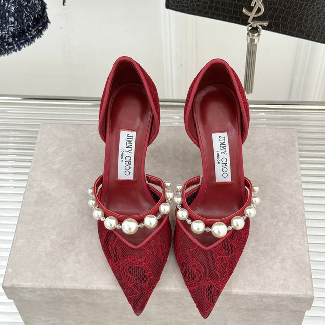JIMMY CHOO 26S HIGH HEELS 85 MM IN DARK RED LACE PEARL-EMBELLISHED