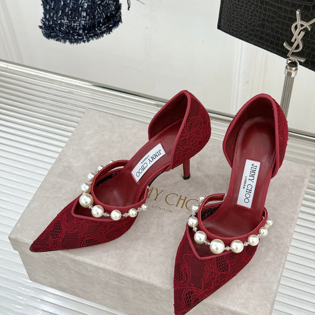 JIMMY CHOO 26S HIGH HEELS 85 MM IN DARK RED LACE PEARL-EMBELLISHED
