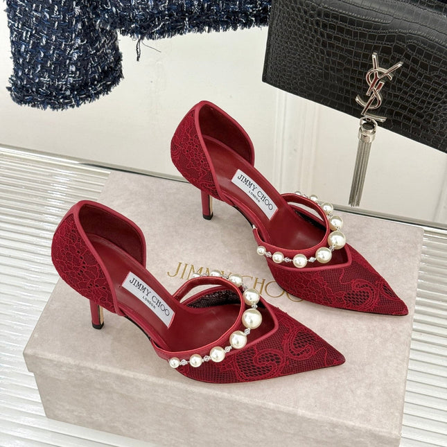 JIMMY CHOO 26S HIGH HEELS 85 MM IN DARK RED LACE PEARL-EMBELLISHED
