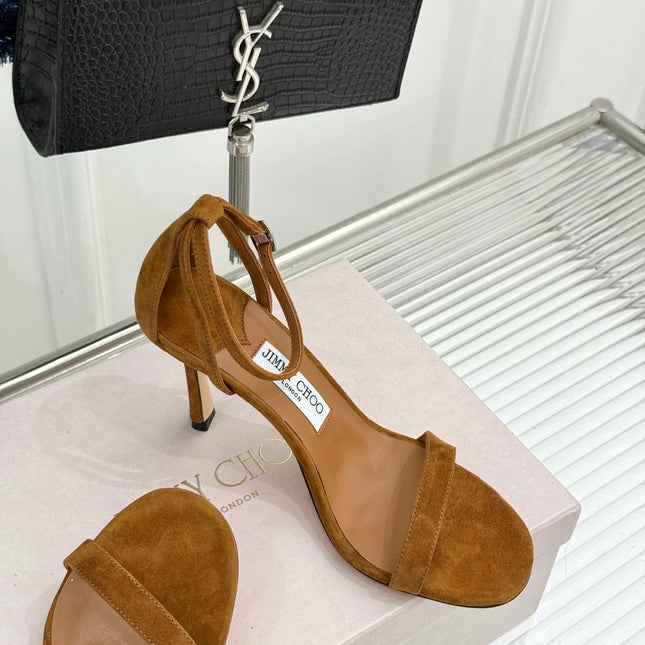 JIMMY CHOO 26S HIGH-HEEL SANDALS 100 MM IN BROWN SUEDE