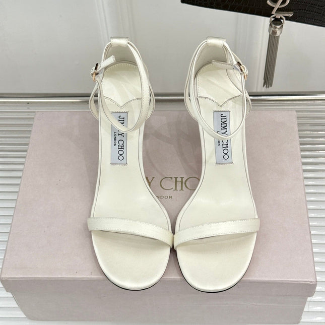 JIMMY CHOO 26S HIGH-HEEL SANDALS 100 MM IN WHITE SATIN AND CALFSKIN