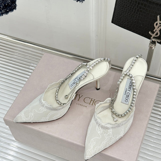JIMMY CHOO 26S EMBELLISHED HIGH-HEEL SANDALS 85 MM IN WHITE LACE