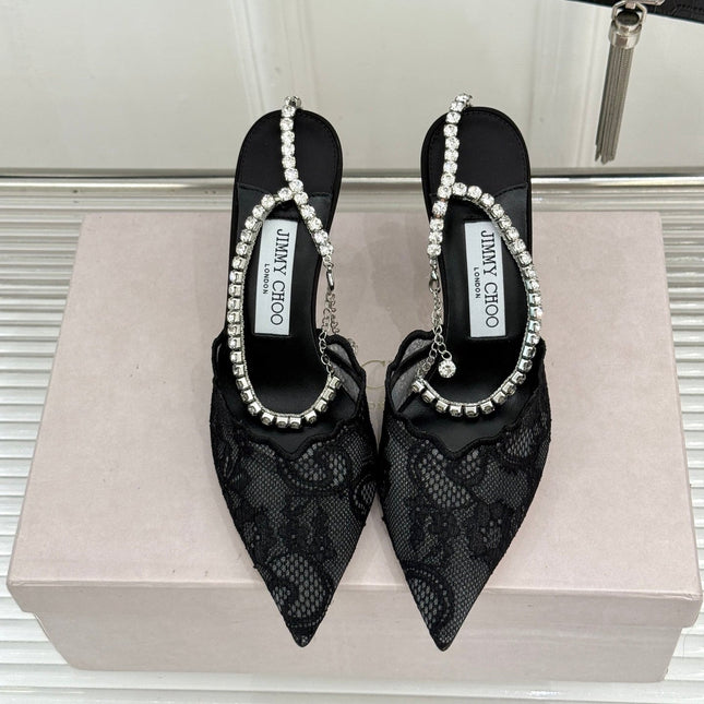 JIMMY CHOO 26S EMBELLISHED HIGH-HEEL SANDALS 85 MM IN BLACK LACE