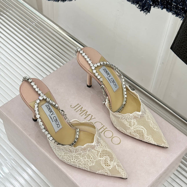 JIMMY CHOO 26S EMBELLISHED HIGH-HEEL SANDALS 85 MM IN CREAM WHITE LACE